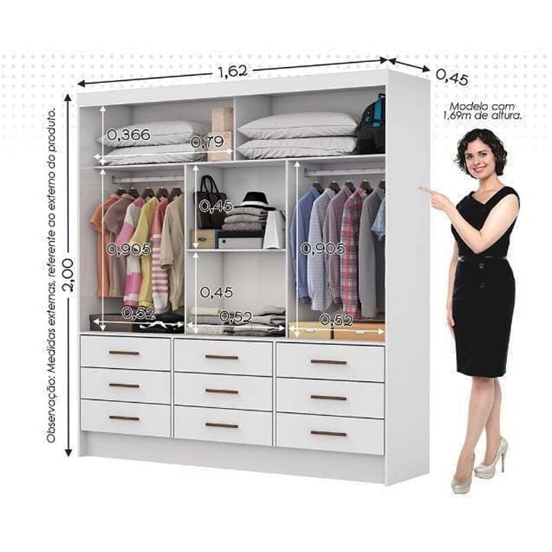 Guarda-Roupa Solteiro Sevilha 3 Portas 9 Gavetas C/Espelho Larg. 1.62m Cinamomo Carioca - Imagem 3