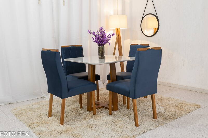 Mesa de Jantar Pedro Mel Vidro Off 90×90 4 Cadeiras Lisboa Veludo Azul 503 Madeira Maciça Art Assento - Entregue Montada - Imagem 2