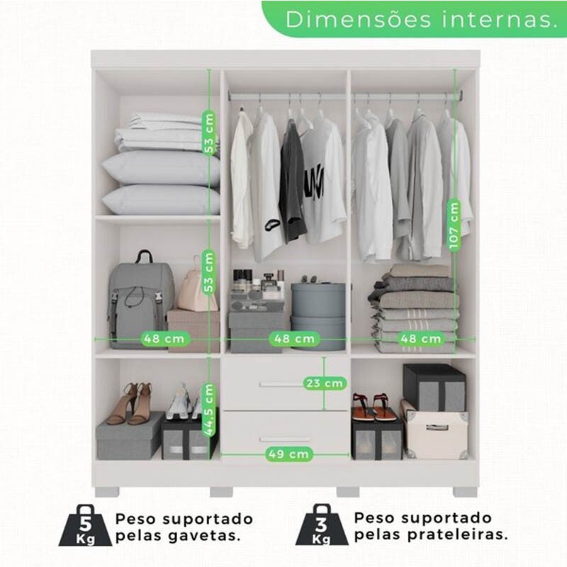 Guarda-Roupa Solteiro Estrela 6 Portas 2 Gavetas Branco Larg. 1.50m Sallêto Pés Grátis - Imagem 2