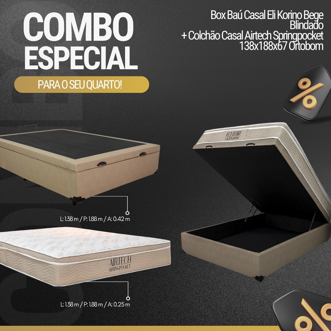 Box Baú Casal Eli Korino Bege Blindado + Colchão Casal Airtech Springpocket 138x188x67 Ortobom - Imagem 6