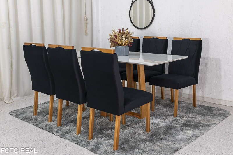 Mesa de Jantar Pedro Mel Vidro Off 160×80 6 Cadeiras Lisboa Veludo Preto 504 Madeira Maciça Art Assento - Entregue Montada - Imagem 3