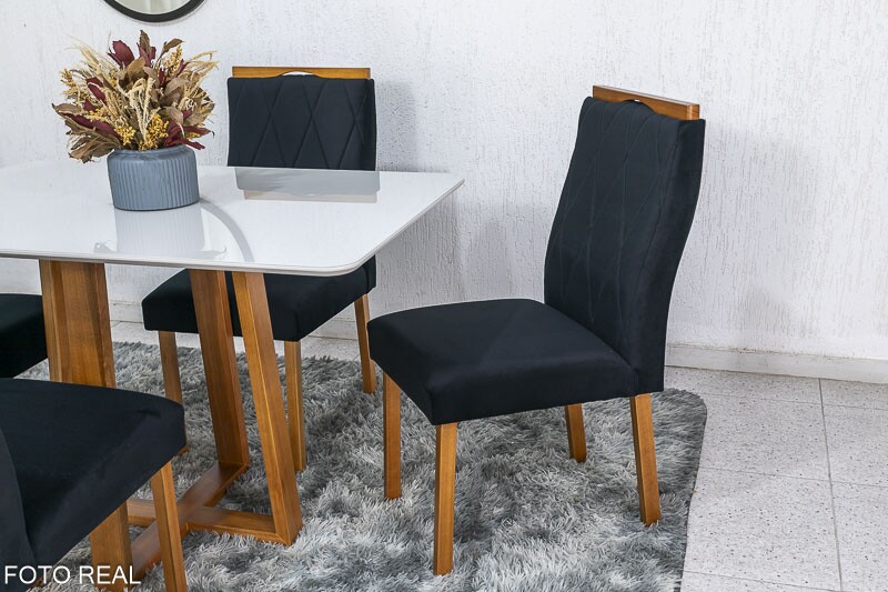 Mesa de Jantar Pedro Mel Vidro Off 120×80 4 Cadeiras Lisboa Veludo Preto 504 Madeira Maciça Art Assento - Entregue Montada - Imagem 4