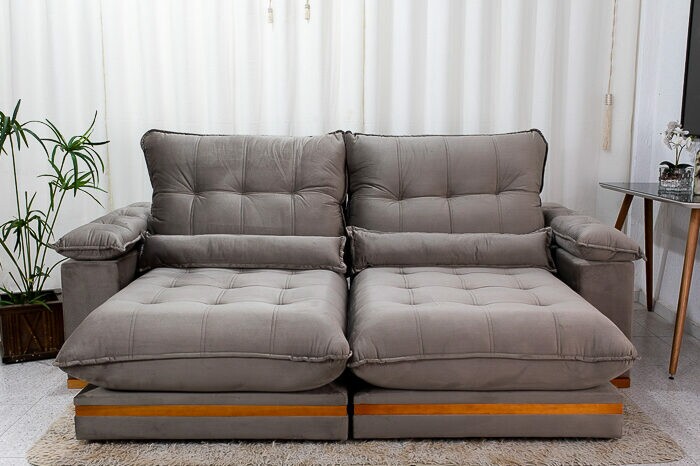 Sofá Retrátil Reclinável Ibis Veludo Cinza 813 Larg. 2.50m - D33 e Molas Ensacadas - Imagem 2
