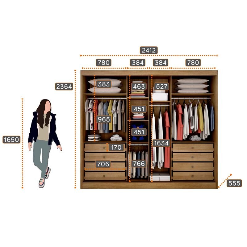 Guarda-Roupa Casal 3 Pts 8 Gav. Diamond Plus c/1 Espelho MDF Cumaru-Fendi Larg. 2.41m Novo Horizonte - Imagem 2