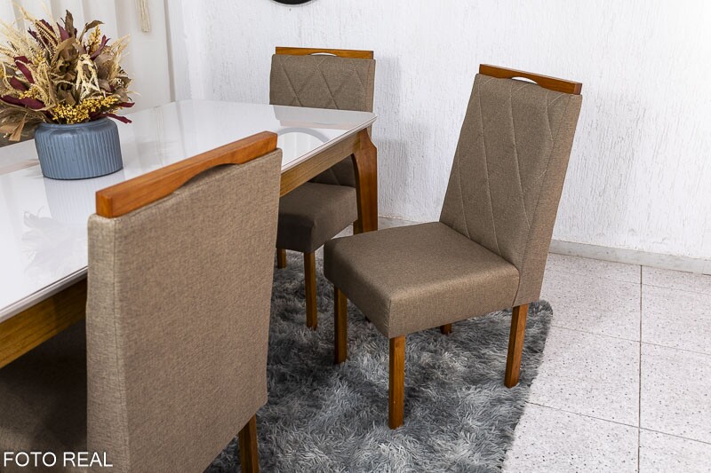 Mesa de Jantar Alegra Tampo Vidro Off 160×80 6 Cadeiras Diamante Linho Capuccino 29033 JCM Madeira Maciça - Imagem 4