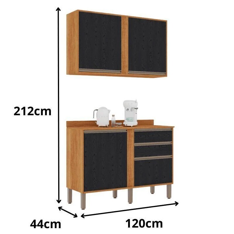 Aéreo 2 Porta + Balcão Cozinha Pérola Larg. 1.20m Cinamomo/Preto Sallêto - Imagem 4