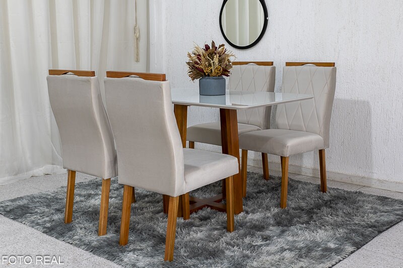 Mesa de Jantar Pedro Mel Vidro Off 120×80 4 Cadeiras Lisboa Veludo Bege 512 Madeira Maciça Art Assento - Entregue Montada - Imagem 3