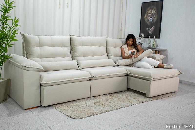 Sofá Retrátil Reclinável Emanuelly Veludo Bege 01 Larg. 3.20m - D28 Soft - Imagem 8