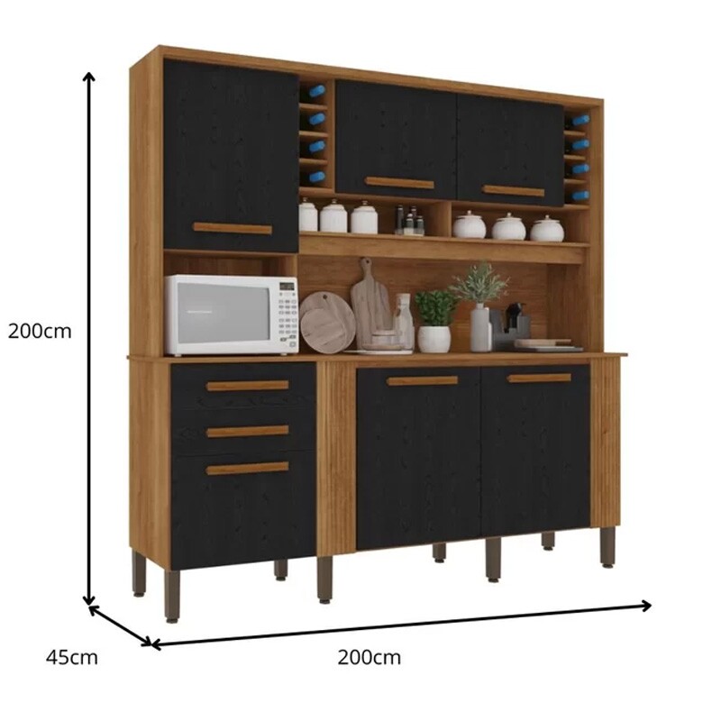 Armário de Cozinha Catar 6 Portas 2 Gavetas Larg. 2.00m Cinamomo/Preto Sallêto - Imagem 5
