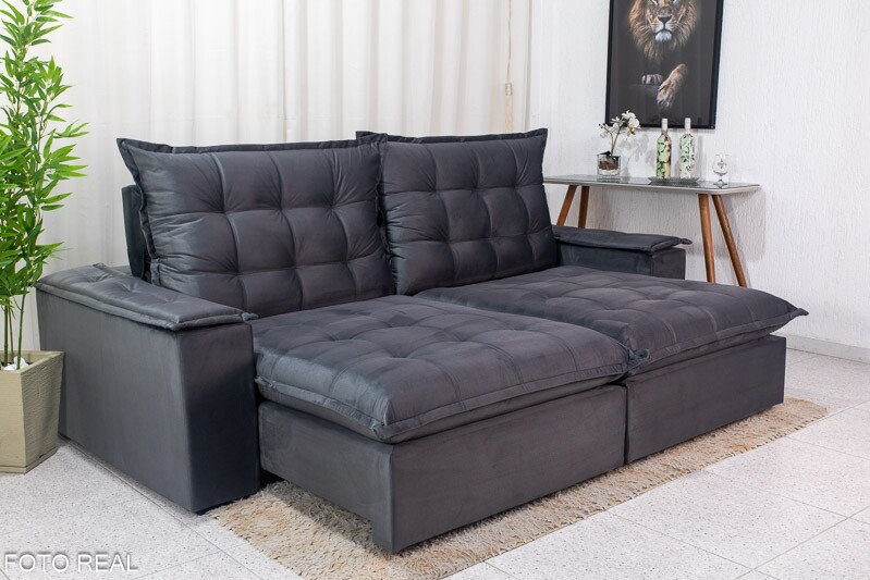 Sofá Retrátil Reclinável Atenas 2.30m Veludo Cinza 814 - D33 e Molas Ensacadas - Imagem 2