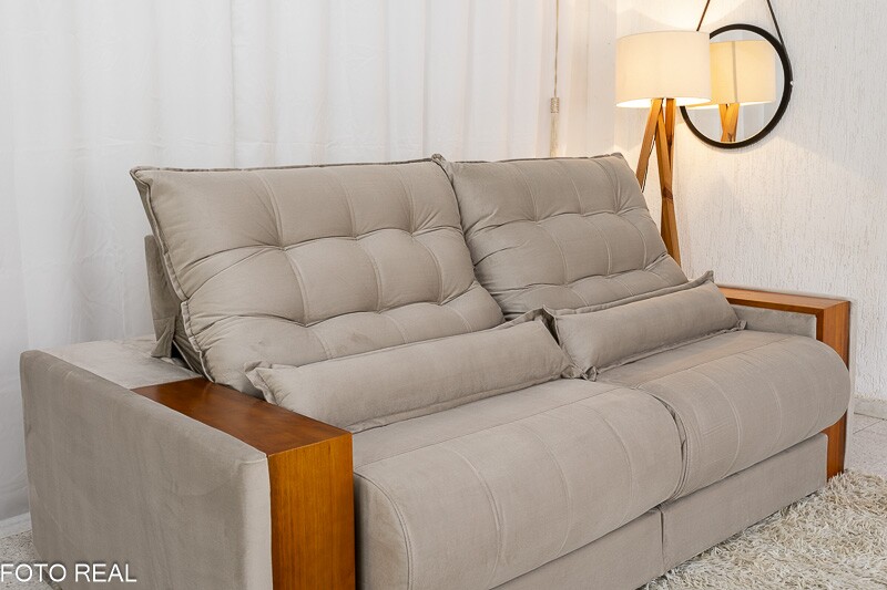 Sofá Retrátil Reclinável 2.30m Gênova Veludo Bege 818 - Molas Ensacadas - Imagem 6