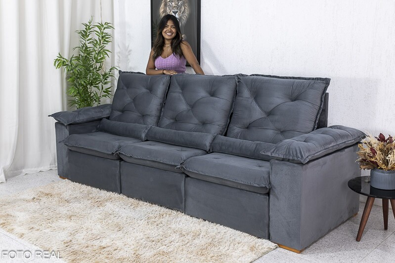 Sofá Retrátil Reclinável 2.70m Roma Veludo Cinza 20 - D28 Soft - Imagem 6