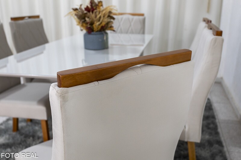 Mesa de Jantar Pedro Mel Vidro Off 160×80 6 Cadeiras Lisboa Veludo Bege 512 Madeira Maciça Art Assento - Entregue Montada - Imagem 5