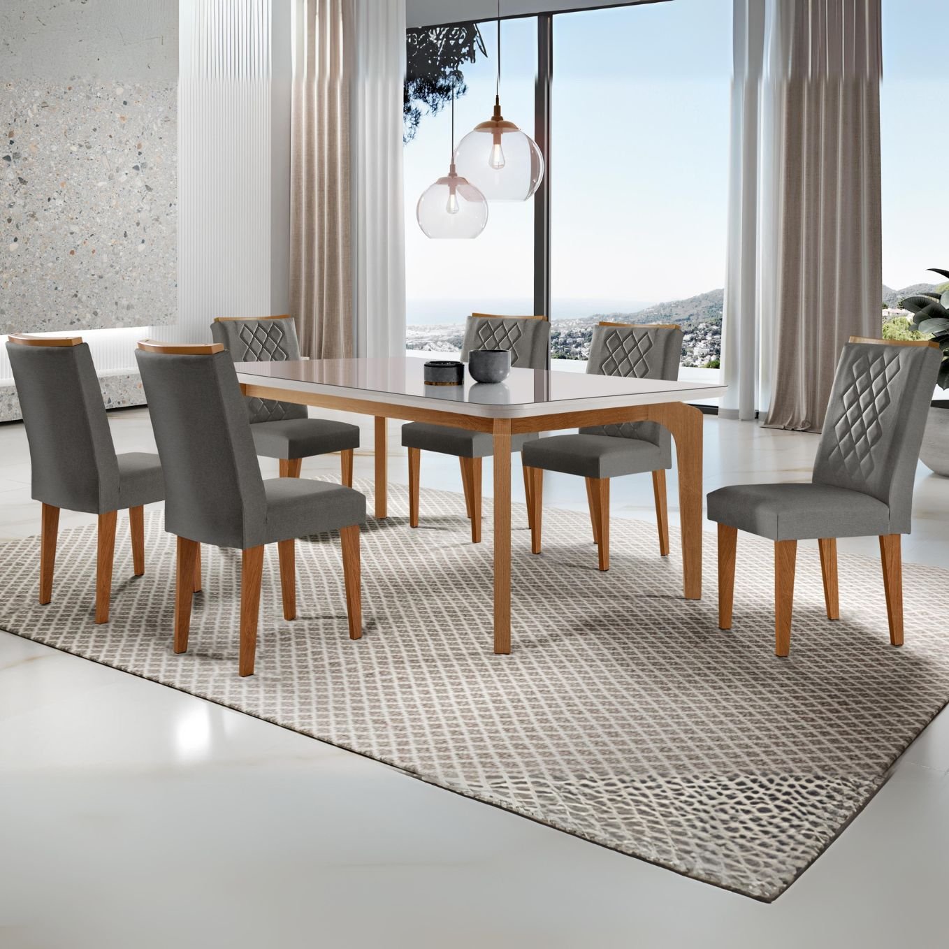 Mesa Londrina 180 Canto Copo Imbuia/Off White com 6 Cadeiras Jade Linho Grafite – RUFATO