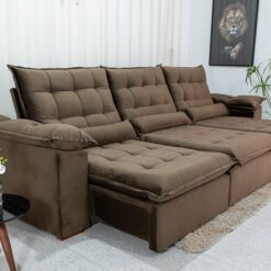 Sofá Retrátil Reclinável Emanuelly Veludo Marrom 19 Larg. 3.20m - D28 Soft