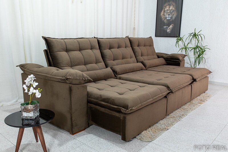 Sofá Retrátil Reclinável Emanuelly Veludo Marrom 19 Larg. 3.20m - D28 Soft