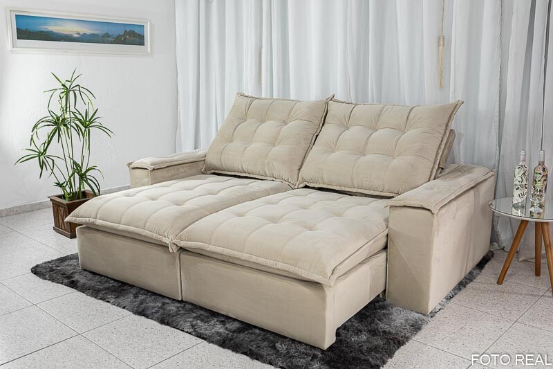 Sofá Retrátil Reclinável Atenas 2.30m Veludo Bege 818 D33 e Molas Ensacadas - Imagem 2