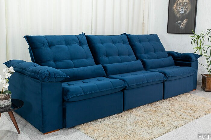 Sofá Retrátil Reclinável 3.20m Emanuelly Veludo Azul 03 - D28 Soft - Imagem 4