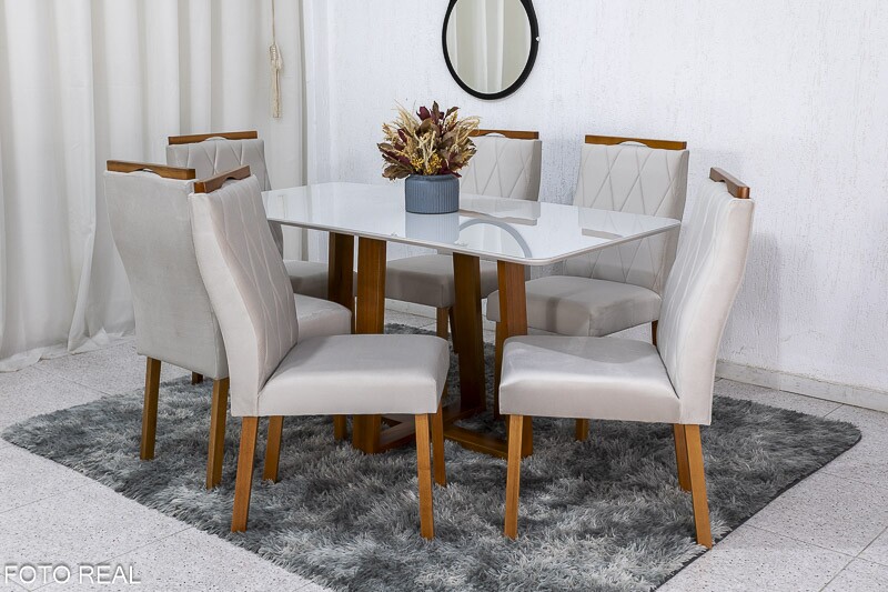 Mesa de Jantar Pedro Mel Vidro Off 160×80 6 Cadeiras Lisboa Veludo Bege 512 Madeira Maciça Art Assento - Entregue Montada