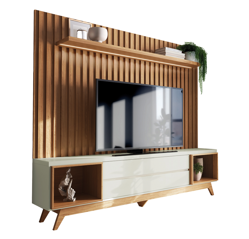Painel + Rack até 75" Aurora TB343F Off White/Freijó - DALLA COSTA - Imagem 2