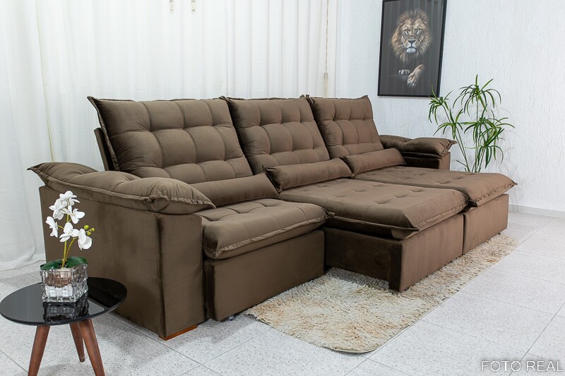 Sofá Retrátil Reclinável Emanuelly Veludo Marrom 19 Larg. 3.20m - D28 Soft - Imagem 2