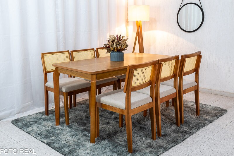 Mesa de Jantar Alegra Tampo Cinamomo 160×80 6 Cadeiras Jade Linho Bege 29011 JCM Madeira Maciça - Imagem 2