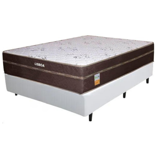 Colchão Casal Lisboa D28 + Base Box Simples Corino Branco – ECOTEC + ALTO NÍVEL CAMAS E COLCHÕES