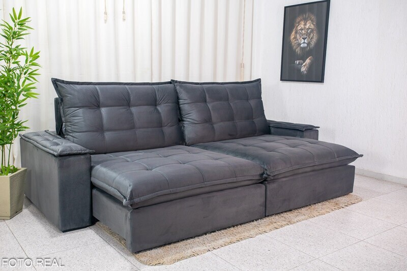 Sofá Retrátil Reclinável Atenas 2.90m Veludo Cinza 814 D33 e Molas Ensacadas - Imagem 6