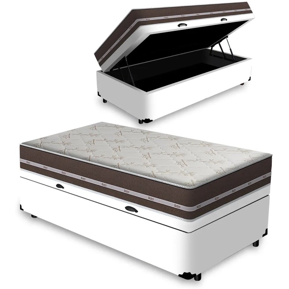 Colchão Solteiro Classic Superlastic D26 + Base Box Baú Corino Branco – ANJOS + ALTO NÍVEL CAMAS E COLCHÕES