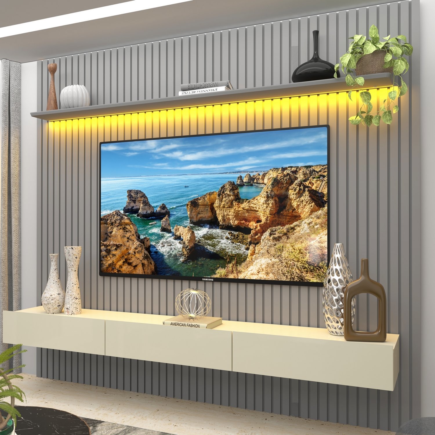 Home até 85" Nobre Ripado 230(Com Nicho) Cinza/Off White - GELIUS