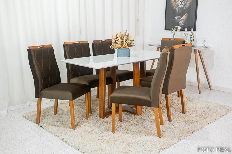 Mesa de Jantar Pedro Mel Vidro Off 160×80 6 Cadeiras Lisboa Veludo Marrom 509 Madeira Maciça Art Assento - Entregue Montada - Imagem 2