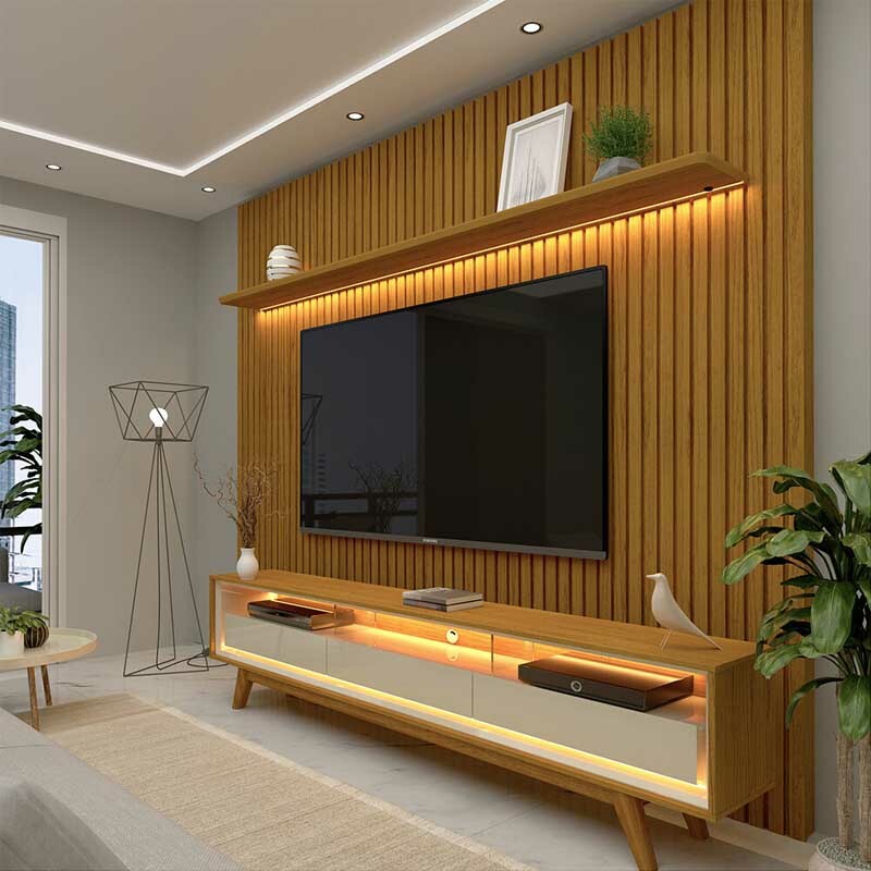 Painel Nobre TV até 85 Polegadas Larg. 2.30m + Rack Requinte Larg. 2.12m C/LED Naturale/Off Gelius