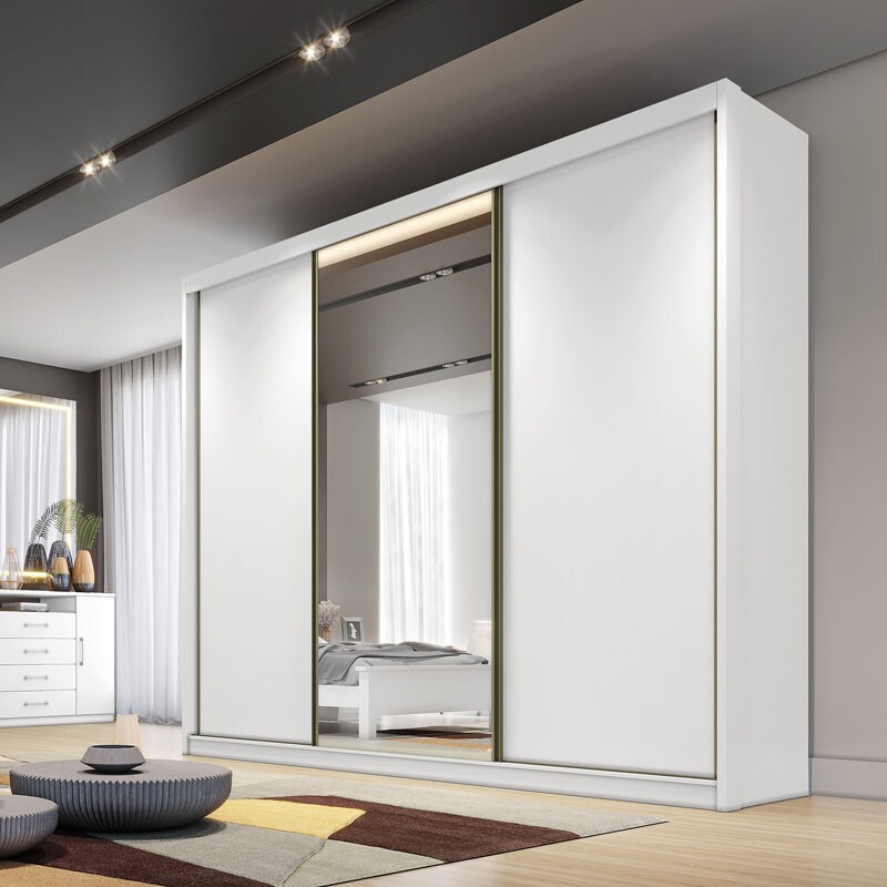 Guarda-Roupa Casal 3 Pts 8 Gav. Diamond Plus c/1 Espelho MDF Branco Larg. 2.41m Novo Horizonte