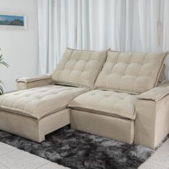 Sofá Retrátil Reclinável Atenas 2.30m Veludo Bege 818 D33 e Molas Ensacadas