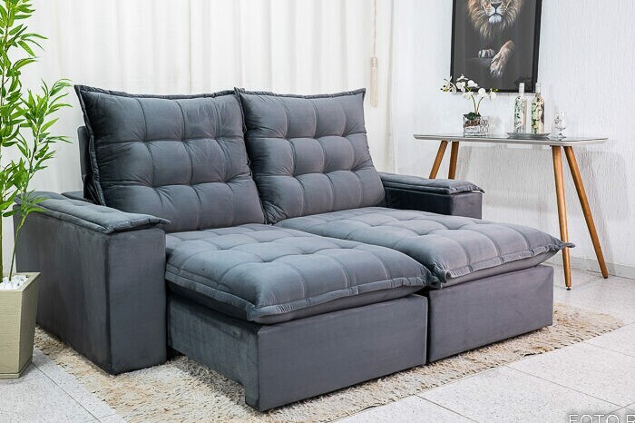 Sofá Retrátil Reclinável Atenas Veludo Cinza 814 Larg. 2.10m - D33 e Molas Ensacadas - Imagem 6