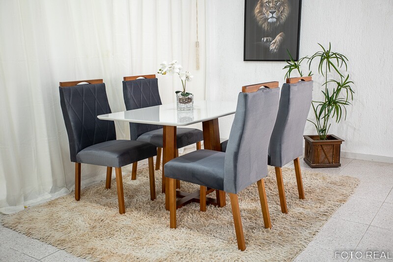 Mesa de Jantar Pedro Mel Vidro Off 120×80 4 Cadeiras Lisboa Veludo Cinza 507 Madeira Maciça Art Assento - Entregue Montada - Imagem 2
