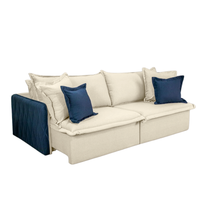 Sofá Cama Retrátil Blog 2,20 m Veludo Marfim/Azul - INNOVE ESTOFADOS - Imagem 2