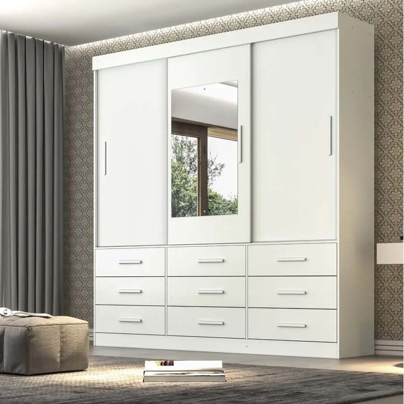 Guarda-Roupa Casal New Star 3 Portas 9 Gavetas Branco c/Espelho Larg. 1.80m Sallêto