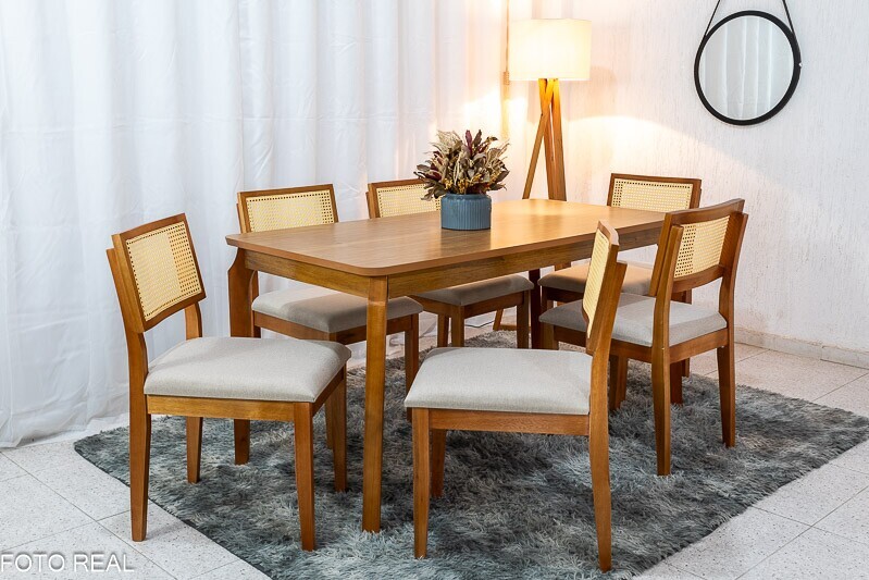 Mesa de Jantar Alegra Tampo Cinamomo 160×80 6 Cadeiras Jade Linho Bege 29011 JCM Madeira Maciça