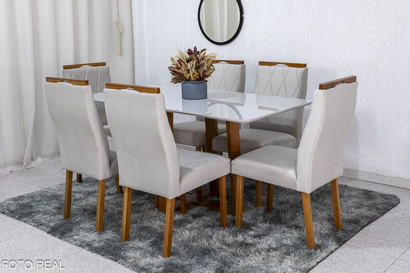 Mesa de Jantar Pedro Mel Vidro Off 160×80 6 Cadeiras Lisboa Veludo Bege 512 Madeira Maciça Art Assento - Entregue Montada - Imagem 3