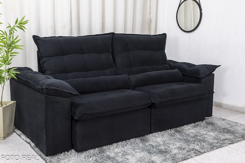 Sofá Retrátil Reclinável Emanuelly Veludo Preto 21 Larg. 2.30m - D28 Soft - Imagem 3