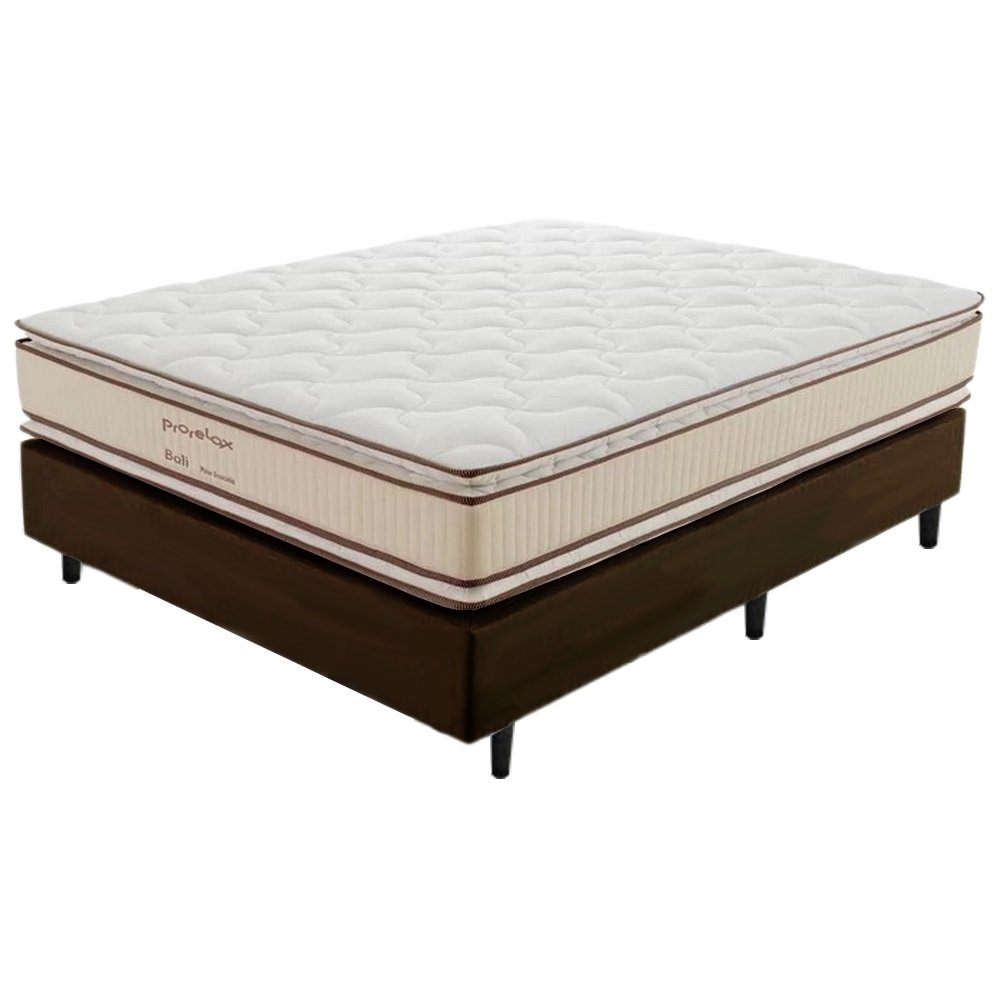 Colchão Casal Bali D33 + Base Box Simples Corino Marrom – PRORELAX + ALTO NÍVEL CAMAS E COLCHÕES