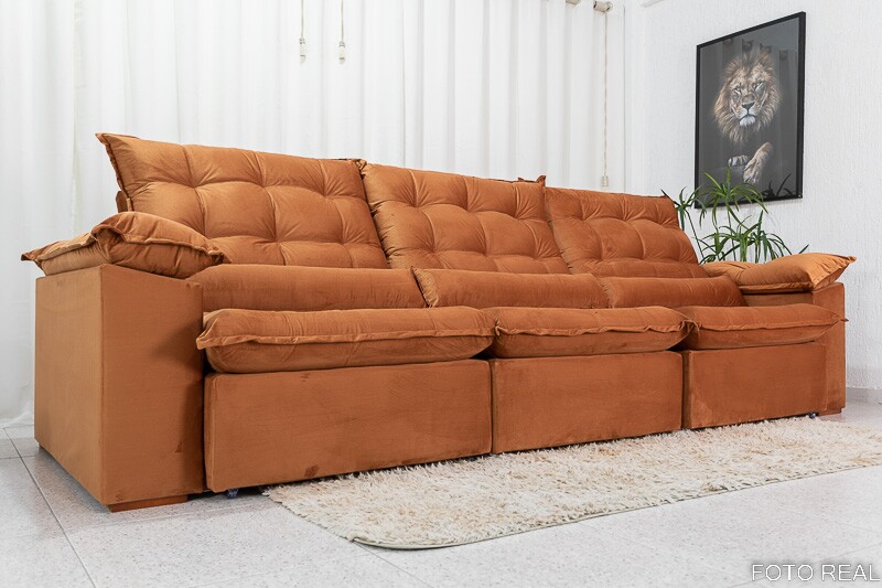 Sofá Retrátil Reclinável 3.20m Emanuelly Veludo Bege 24 - D28 Soft