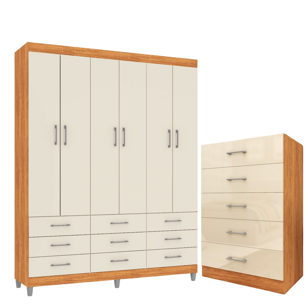 Guarda-Roupa 6 Portas Paraty 3690 + Cômoda 5 Gavetas Aruba Cinamono/Off White - FELLICCI - Imagem 2