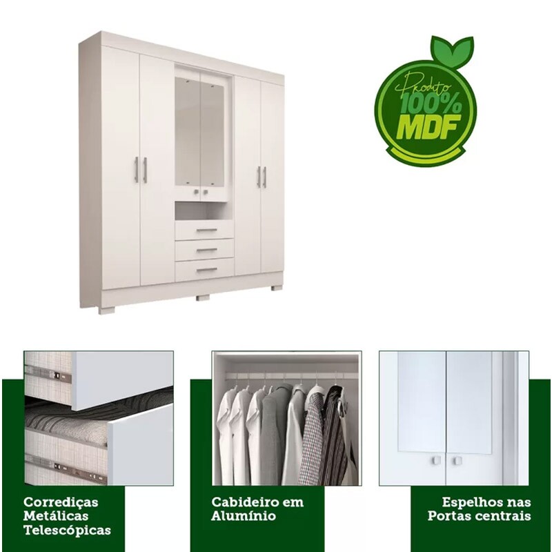 Guarda-Roupa Casal Débora c/Espelho 6 Portas 3 Gavetas MDF Larg. 1.78m Branco Com Pés ACP - Imagem 3