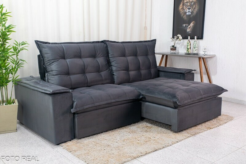 Sofá Retrátil Reclinável Atenas 2.30m Veludo Cinza 814 - D33 e Molas Ensacadas - Imagem 3
