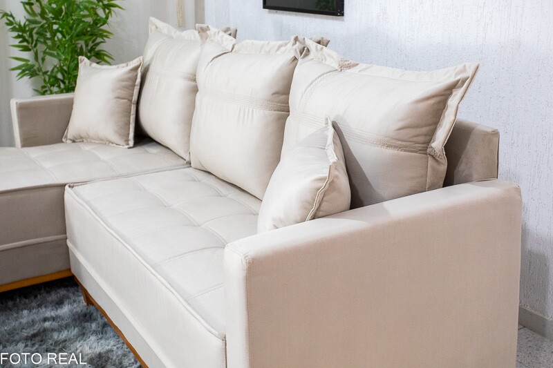 Sofá 3 Lug. Milão C/Chaise Lado Direito Veludo Bege 818 Larg. 2.30m - Molas Ensacadas - Imagem 3