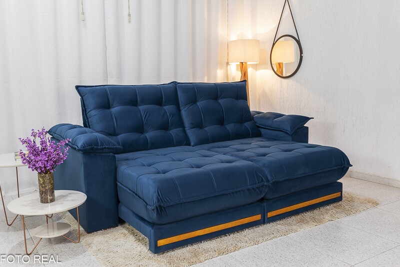 Sofá Retrátil Reclinável Barcelona Veludo Azul 325 Larg. 2.30m - D33 e Molas Ensacadas