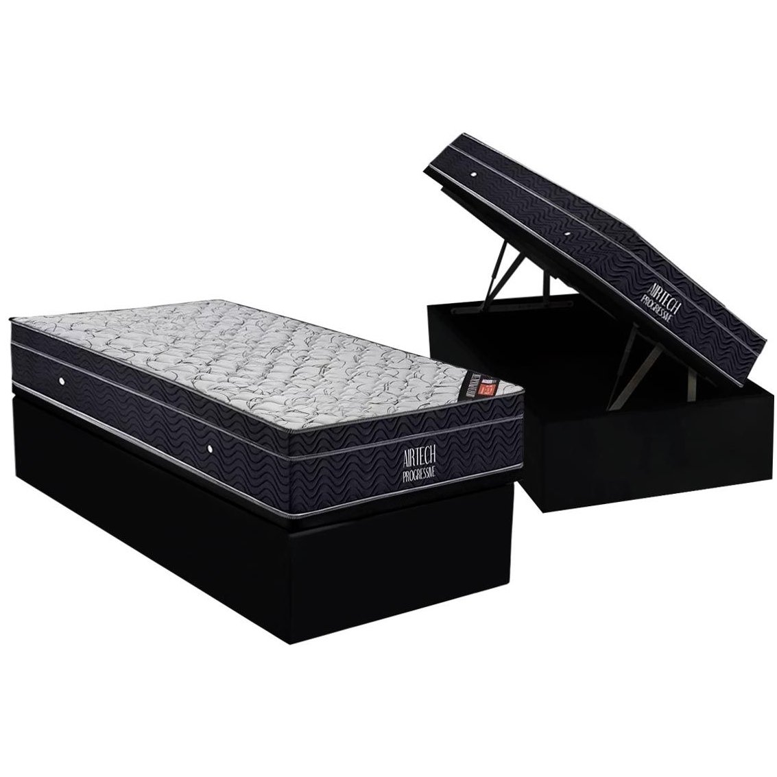 Colchão Solteiro Airtech Progressive D26 + Base Box Baú Corino Preto – ORTOBOM + ALTO NÍVEL CAMAS E COLCHÕES