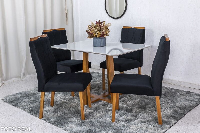Mesa de Jantar Pedro Mel Vidro Off 120×80 4 Cadeiras Lisboa Veludo Preto 504 Madeira Maciça Art Assento - Entregue Montada